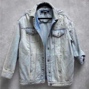 Express Oversized Light Blue Jean Jacket with Rhinestones and Pearl Accents